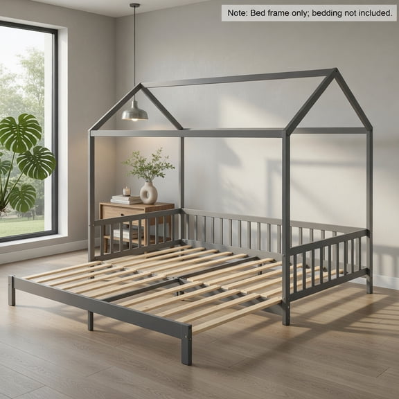 Demi Bonn Extendable House Bed Twin to King Daybed with Roof and Fence Rails, Modern Platform Bed Frames for Teens, Gray