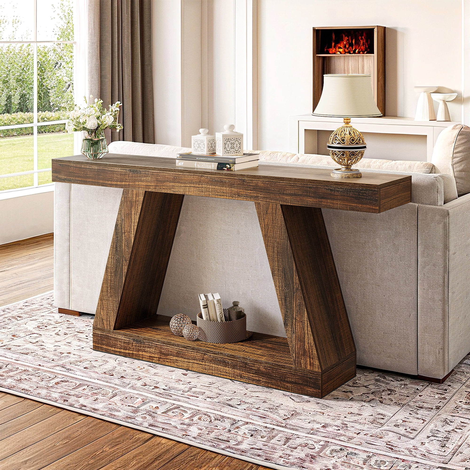 Rustic Brown MDF 55" Console Table with Storage Shelf