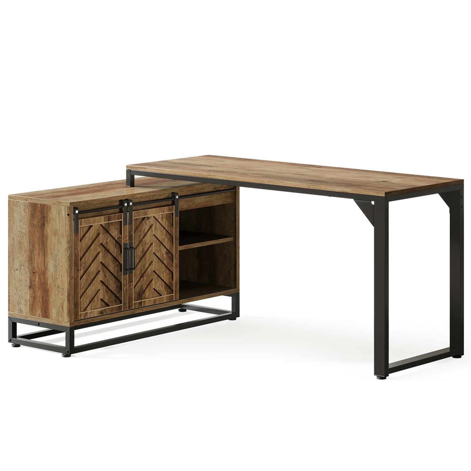 Demi Bonn Farmhouse L Shaped Gaming Computer Desk, 53" Corner Executive Desk with Storage Cabinet for Home Office, Brown