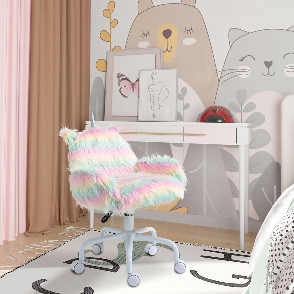 Finihen Faux Fur Fluffy Unicorn Home Office Chair, Height Adjustable 360 Degree Swivel Rolling Desk Chair with Arms and Wheels, Multi Color Finihen Faux Fur Fluffy Unicorn Home Office Chair, Height Adjustable 360 Degree Swivel Rolling Desk Chair with Arms and Wheels, Multi Color