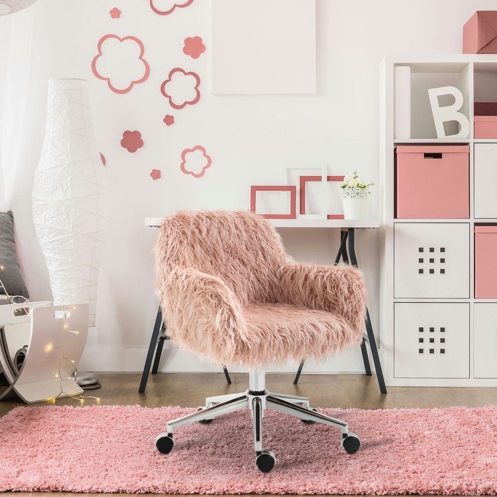 Demi Bonn Faux Fur Home Office Chair, Height Adjustable 360 Degree Swivel Rolling Desk Chair with Arms and Wheels, Pink