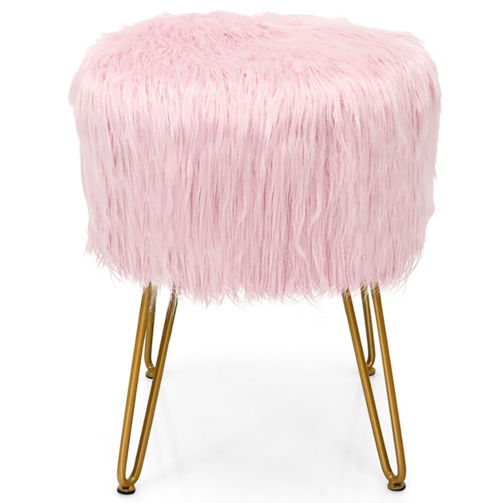 Demi Bonn Faux Fur Vanity Stool Chair, Footstool Ottoman, Fluffy Chair with with Metal Legs, Makeup Stool, Decorative Furniture Footrest, for Living Room, Bedroom, Pink