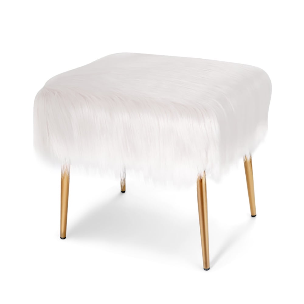 Finihen Faux Fur Vanity Stool Chair, Footstool Ottoman, Vanity Stool with Golden Metal Legs, Makeup Stool, Decorative Furniture Footrest, for Makeup Room, Living Room, Bedroom, White