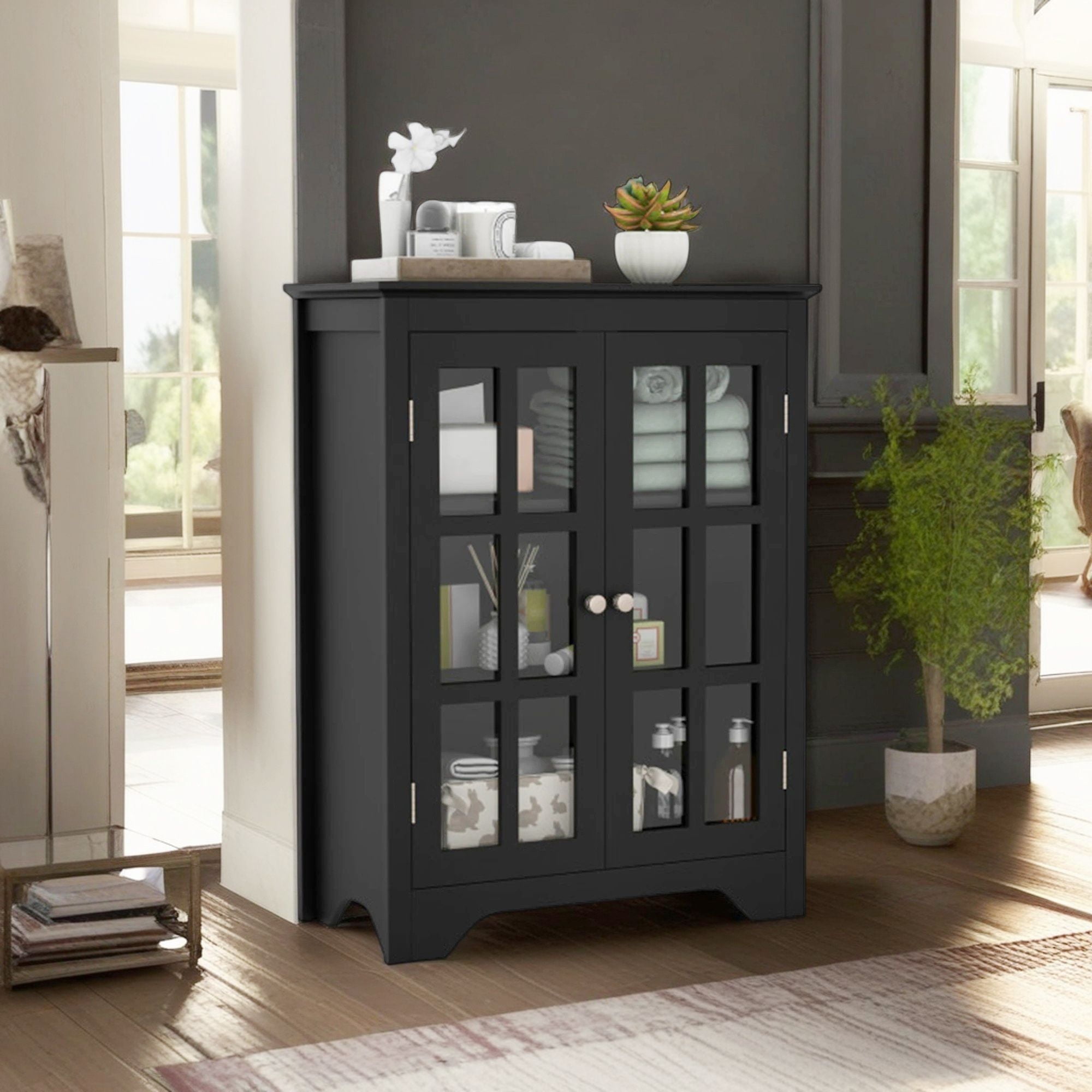 Demi Bonn Floor Storage Cabinet, Freestanding Display Storage Cabinet with 2 Glass Doors and Adjustable Shelves for Bathroom, Living Room, Bedroom, Kitchen, Black