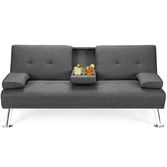 Demi Bonn Fold Sofa Bed Couch, Futon Sleeper Chair Guest Bed and Fold Out Couch, Convertible Folding Futon Sofa Bed Fabric with 2 Cup Holders, for Living Room, Bedroom, Dark Gray