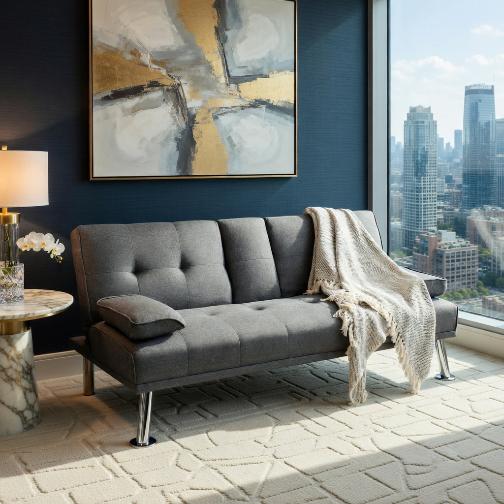 Demi Bonn Fold Sofa Bed Couch, Futon Sleeper Chair Guest Bed and Fold Out Couch, Convertible Folding Futon Sofa Bed Fabric with 2 Cup Holders, for Living Room, Bedroom, Dark Gray