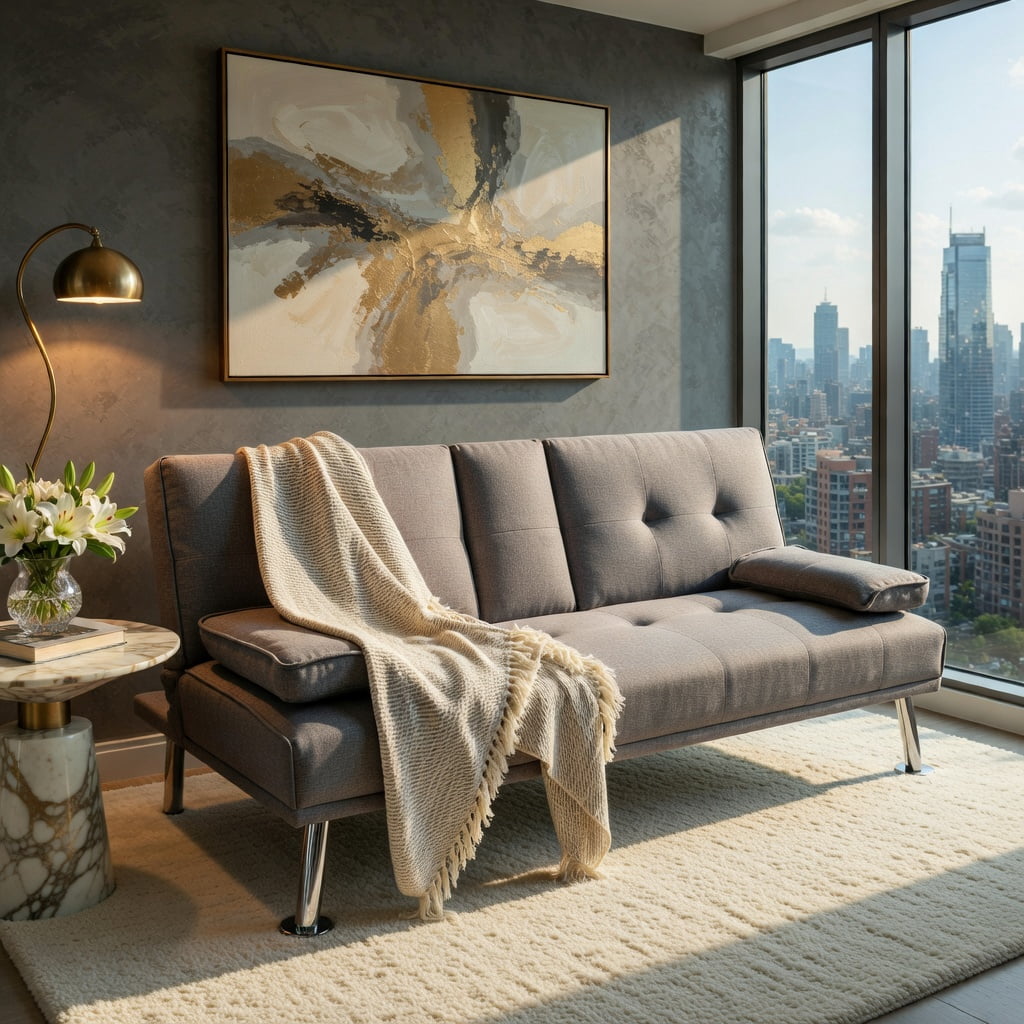 Demi Bonn Fold Sofa Bed Couch, Futon Sleeper Chair Guest Bed and Fold Out Couch, Convertible Folding Futon Sofa Bed Fabric with 2 Cup Holders, for Living Room, Bedroom, Light Gray