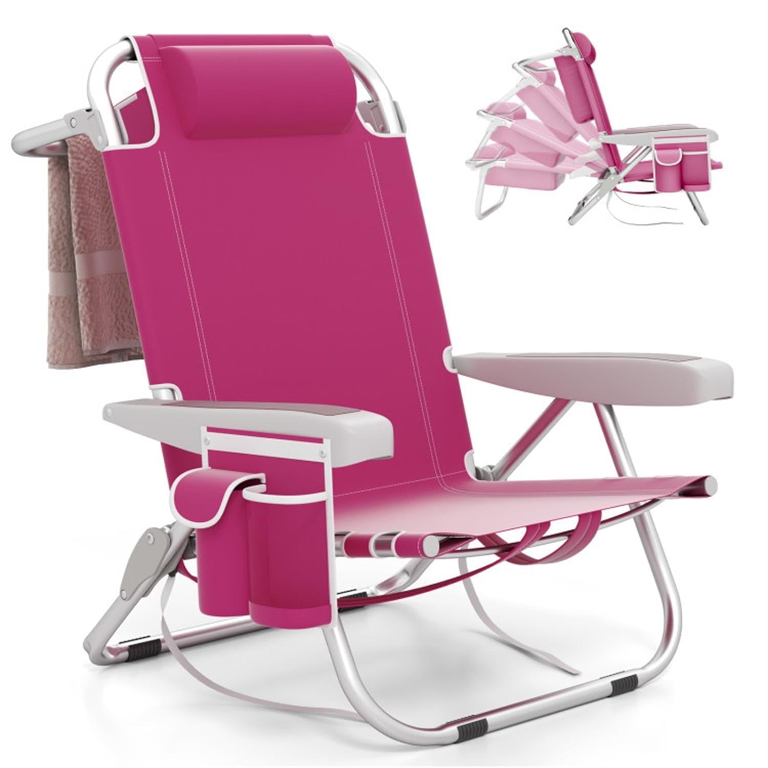 Demi Bonn Foldable Backpack Beach Chair with Cup Holder and Storage Pockets for Outdoor, Patio Accent Furniture Lounge Chairs for Yard, Garden, Pink