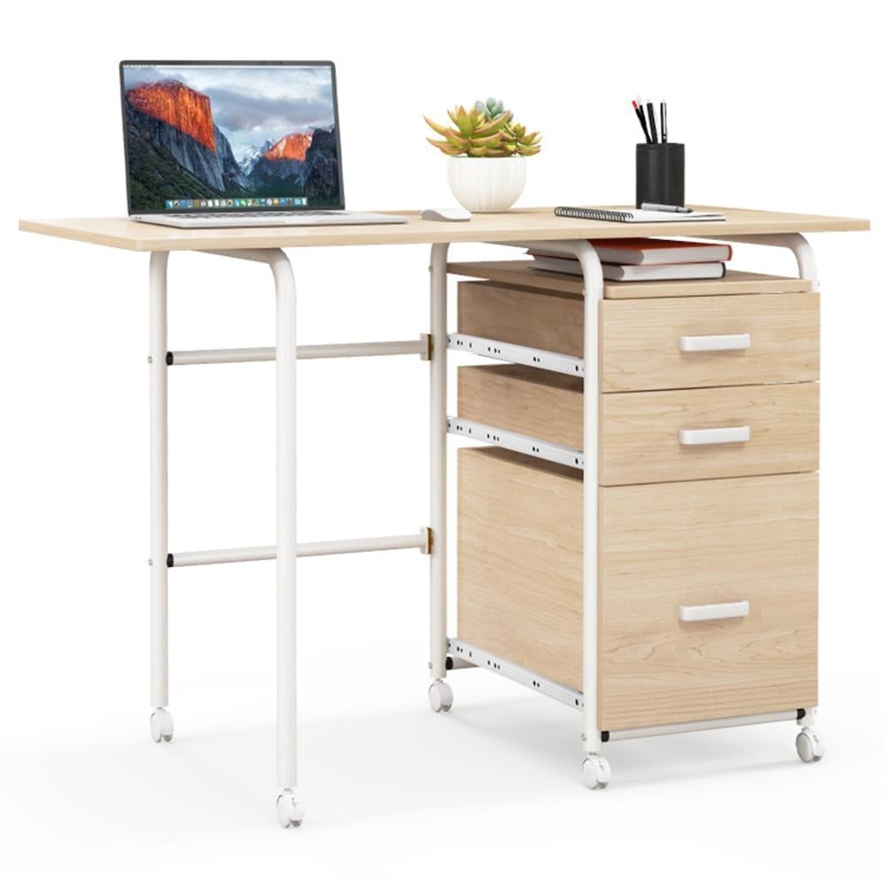 Demi Bonn Folding Computer Laptop Desk Wheeled Home Office Furniture, Study Writing Table, Beige