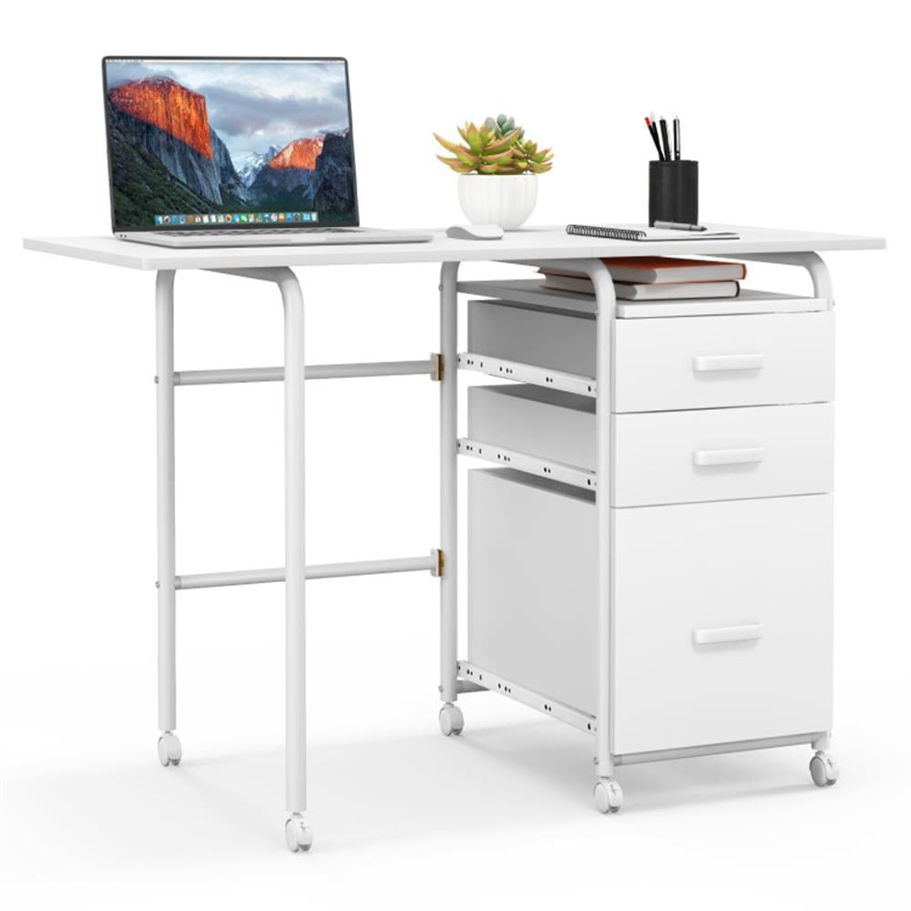 Finihen Folding Computer Laptop Desk Wheeled Home Office Furniture, Study Writing Table, White Finihen Folding Computer Laptop Desk Wheeled Home Office Furniture, Study Writing Table, White