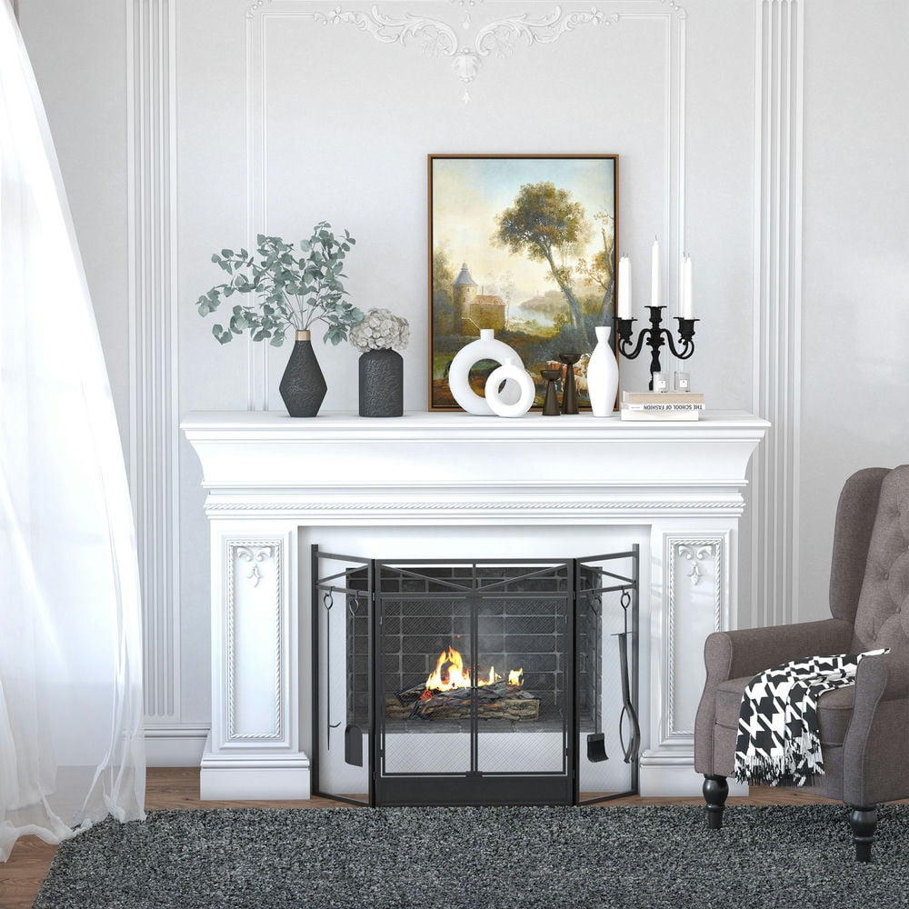 Finihen Folding Fireplace Screen 3 Panel with 2 Magnetic Doors and Fire Place Tools Set, 48"(L) x31"(H) Spark Guard Cover for Wood Burning, Black Finihen Folding Fireplace Screen 3 Panel with 2 Magnetic Doors and Fire Place Tools Set, 48"(L) x31"(H) Spark Guard Cover for Wood Burning, Black