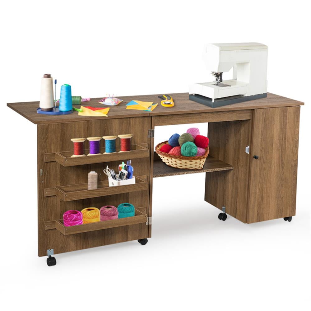 Finihen Folding Sewing Table Shelves Storage Cabinet Craft Cart with Wheels, Small Home Office Desk Study Writing Table, Brown Finihen Folding Sewing Table Shelves Storage Cabinet Craft Cart with Wheels, Small Home Office Desk Study Writing Table, Brown