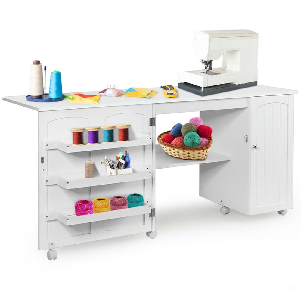 Finihen Folding Sewing Table Shelves Storage Cabinet Craft Cart with Wheels, Small Home Office Desk Study Writing Table, White Finihen Folding Sewing Table Shelves Storage Cabinet Craft Cart with Wheels, Small Home Office Desk Study Writing Table, White