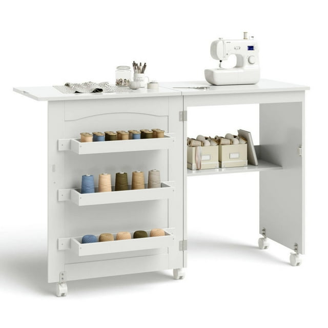 Finihen Folding Swing Craft Table Storage Shelves Cabinet, Small Home Office Desk Study Writing Table, White