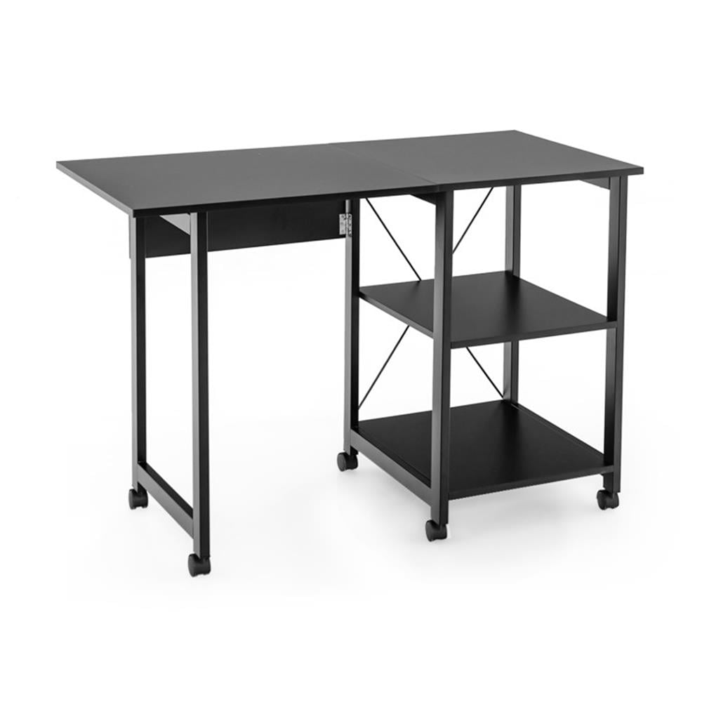 Finihen Folding Writing Office Desk with Storage Shelves, Small Home Computer Desk Study Gaming Table, Black