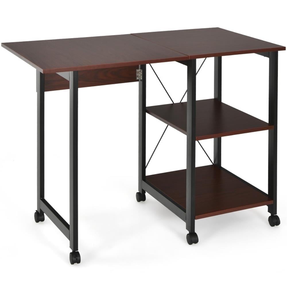 Demi Bonn Folding Writing Office Desk with Storage Shelves, Small Home Computer Desk Study Gaming Table, Brown