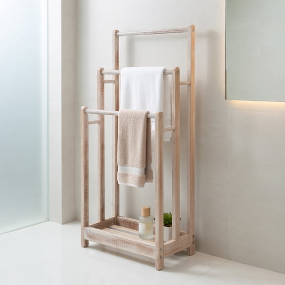 Demi Bonn Free Standing Towel Rack for Bathroom, 3-Bar Blanket Rack with Bottom Storage Shelf, Blanket Holder, Drying and Display Rack, Beige