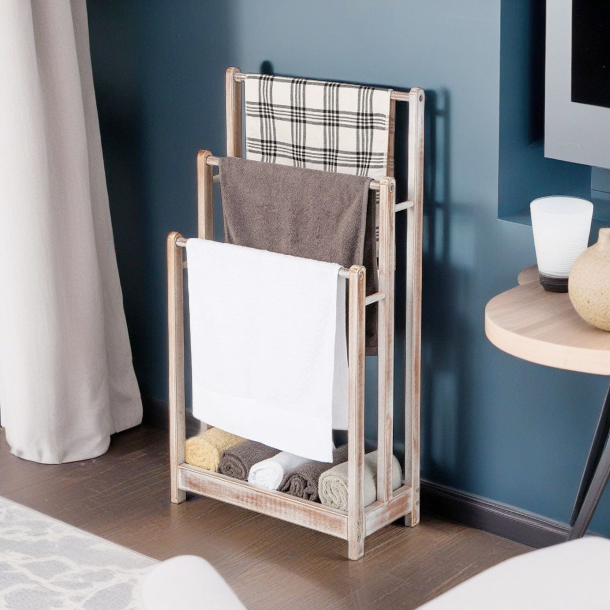 Demi Bonn Free Standing Towel Rack for Bathroom, 3-Bar Blanket Rack with Bottom Storage Shelf, Blanket Holder, Drying and Display Rack, Beige