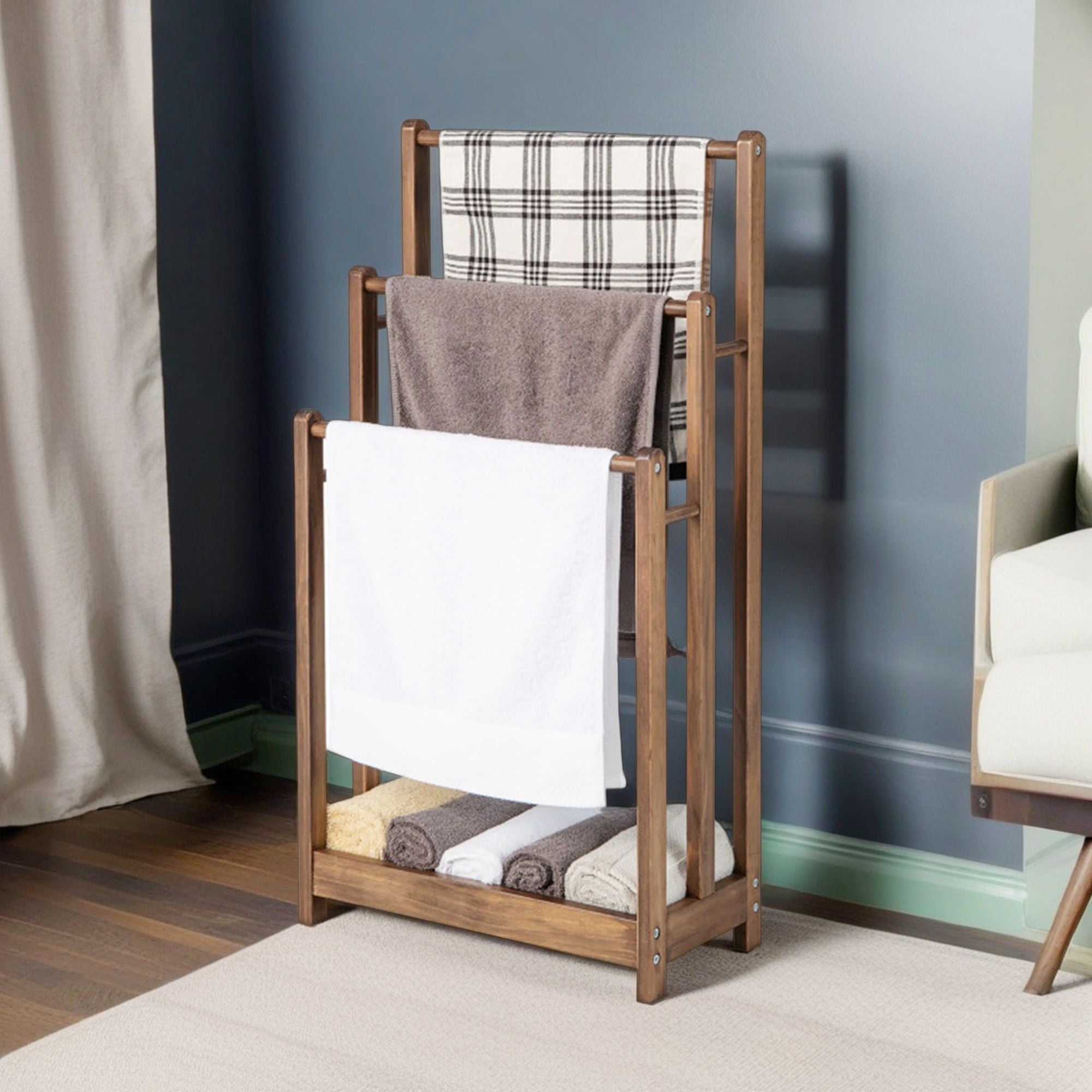 Demi Bonn Free Standing Towel Rack for Bathroom, 3-Bar Blanket Rack with Bottom Storage Shelf, Blanket Holder, Drying and Display Rack, Brown