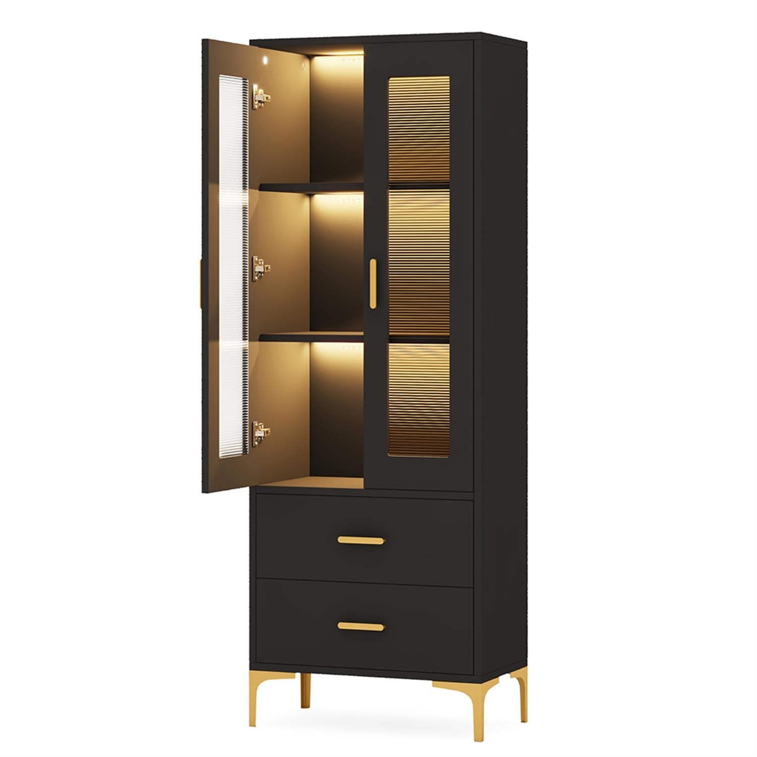 Demi Bonn Freestanding Bookcase Bookshelf with LED Light, Doors & 2 Drawers for Bedroom, Living Room, Black