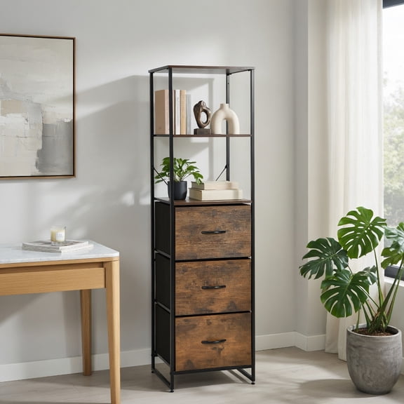Demi Bonn Freestanding Bookshelf with 3 Drawer and 3 Shelves, Multifunctional Vertical Bookcase, Brown