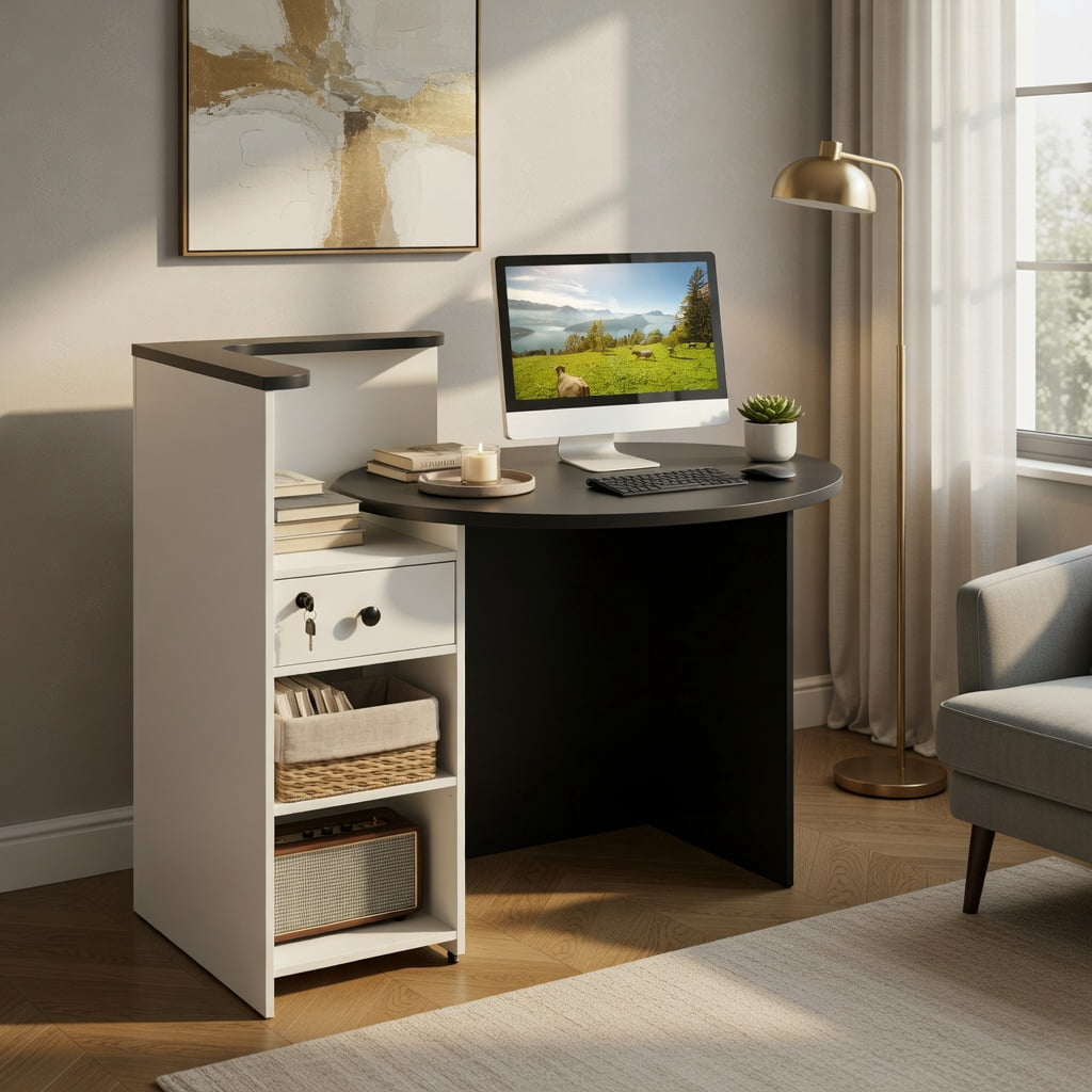 Demi Bonn Front Reception Office Desk with Open Shelf and Lockable Drawer, Small Home Computer Desk Study Writing Table, Black + White