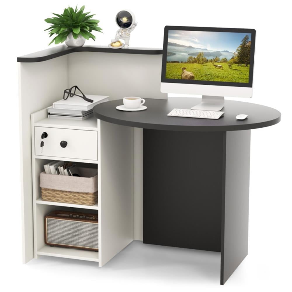 Demi Bonn Front Reception Office Desk with Open Shelf and Lockable Drawer, Small Home Computer Desk Study Writing Table, Black + White