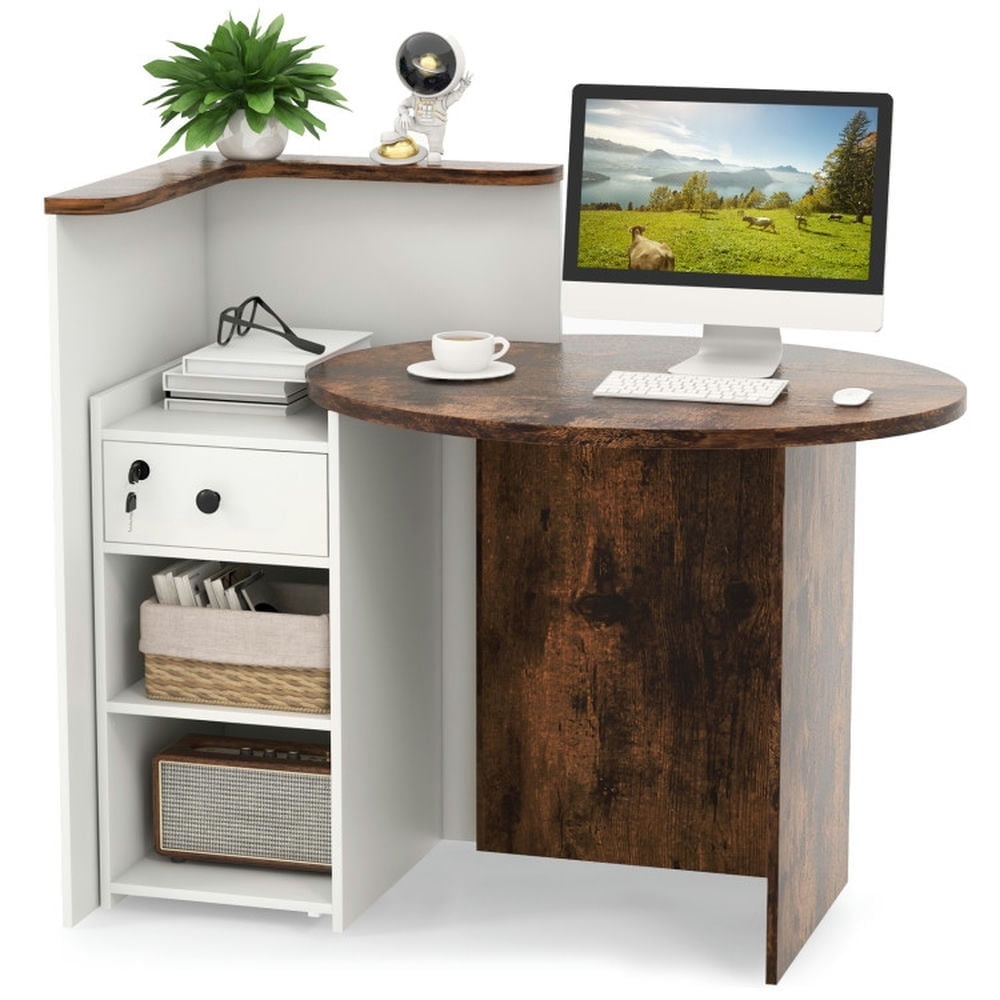Demi Bonn Front Reception Office Desk with Open Shelf and Lockable Drawer, Small Home Computer Desk Study Writing Table, Brown + White