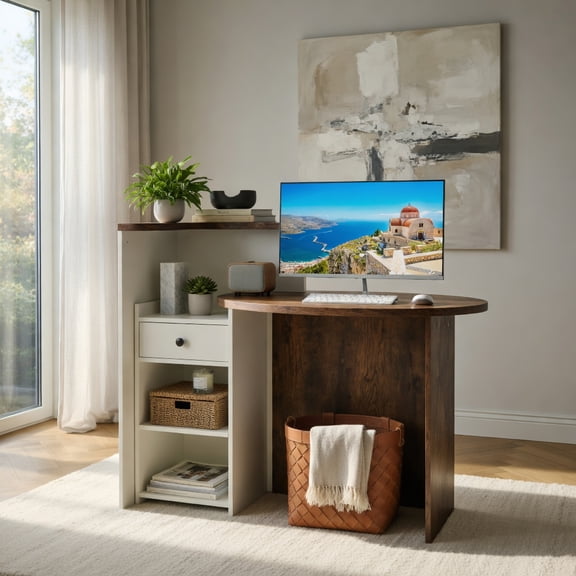 Demi Bonn Front Reception Office Desk with Open Shelf and Lockable Drawer, Small Home Computer Desk Study Writing Table, Brown + White