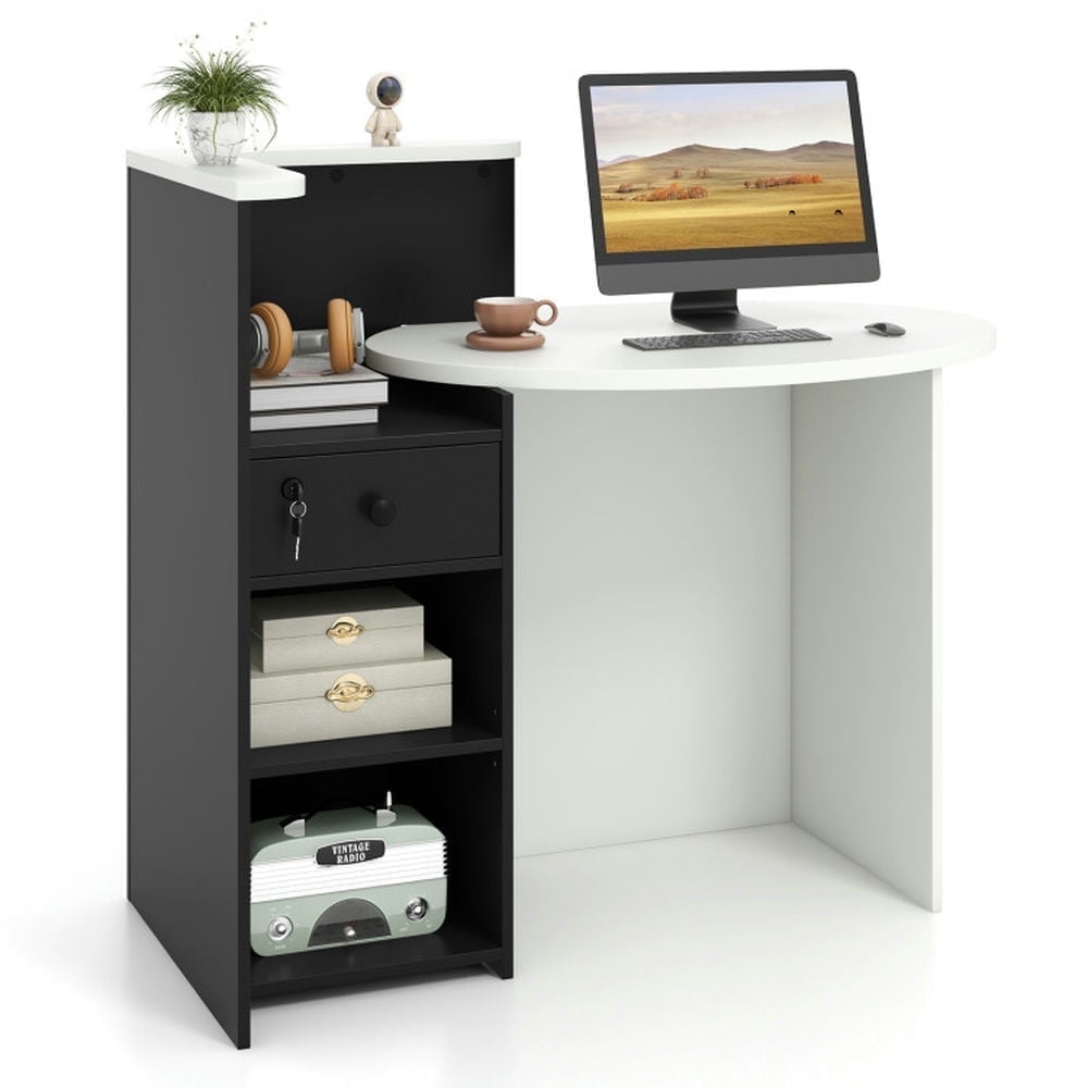 Demi Bonn Front Reception Office Desk with Open Shelf and Lockable Drawer, Small Home Computer Desk Study Writing Table, White + Black