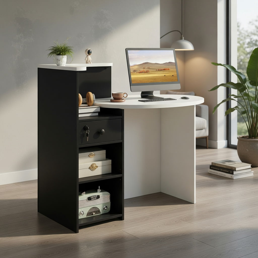 Demi Bonn Front Reception Office Desk with Open Shelf and Lockable Drawer, Small Home Computer Desk Study Writing Table, White + Black