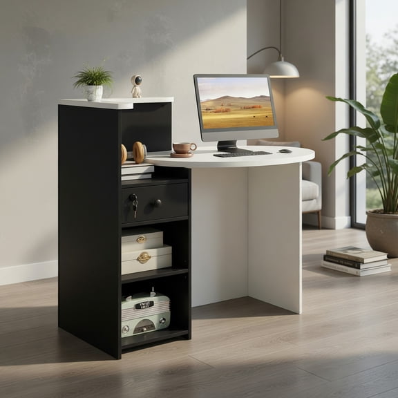 Demi Bonn Front Reception Office Desk with Open Shelf and Lockable Drawer, Small Home Computer Desk Study Writing Table, White + Black