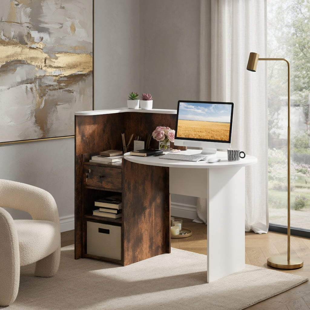 Demi Bonn Front Reception Office Desk with Open Shelf and Lockable Drawer, Small Home Computer Desk Study Writing Table, White + Brown