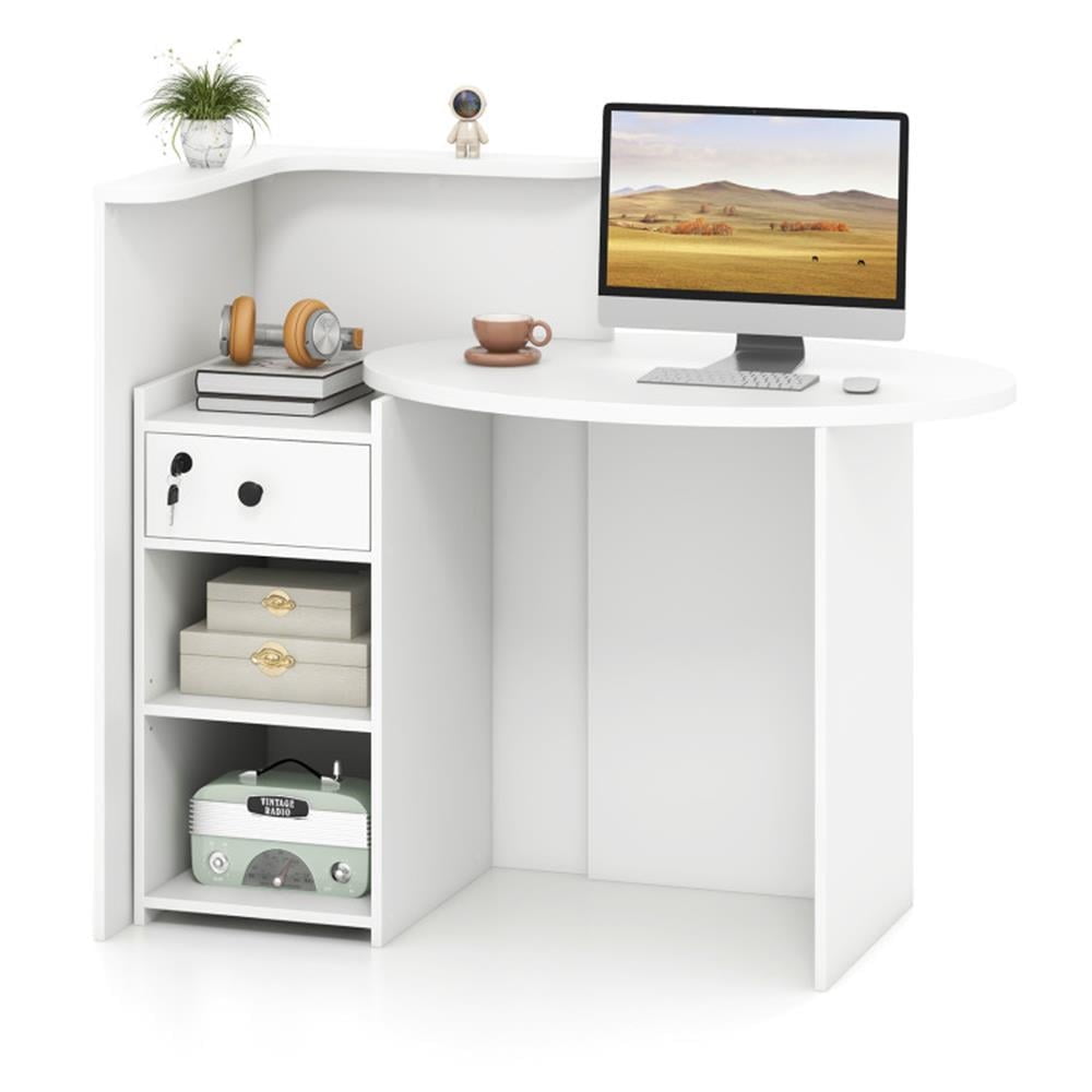 Finihen Front Reception Office Desk with Open Shelf and Lockable Drawer, Small Home Computer Desk Study Writing Table, White Finihen Front Reception Office Desk with Open Shelf and Lockable Drawer, Small Home Computer Desk Study Writing Table, White