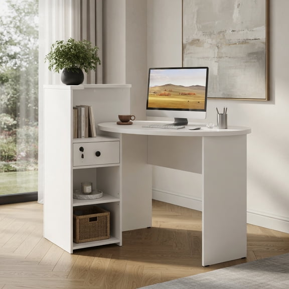 Demi Bonn Front Reception Office Desk with Open Shelf and Lockable Drawer, Small Home Computer Desk Study Writing Table, White