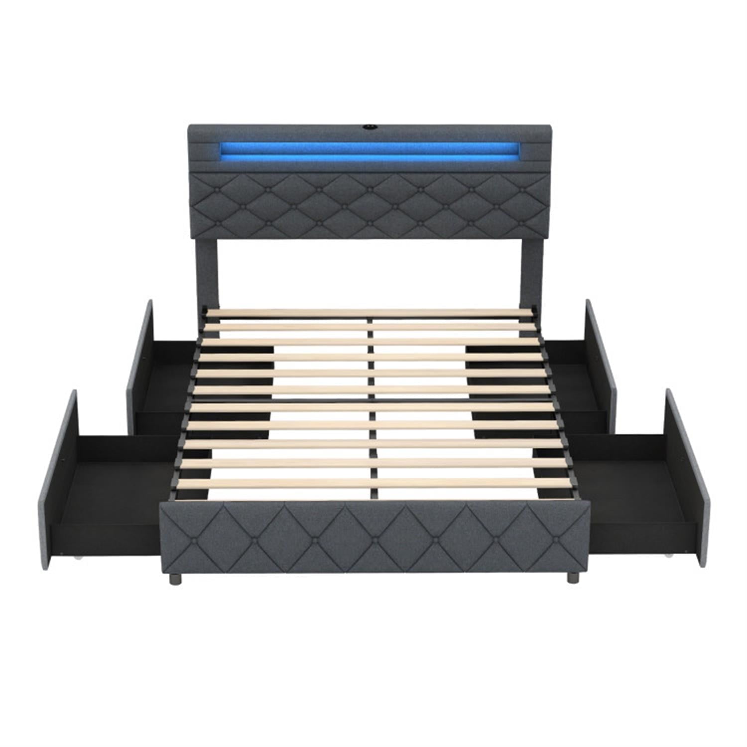 Demi Bonn Full Size Bed Frame with Adjustable Storage Headboard and Wooden Slat Support, Platform Bed Frame with 4 Storage Drawers, No Box Spring Needed, Gray