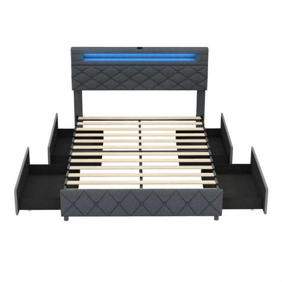 Demi Bonn Full Size Bed Frame with Adjustable Storage Headboard and Wooden Slat Support, Platform Bed Frame with 4 Storage Drawers, No Box Spring Needed, Gray