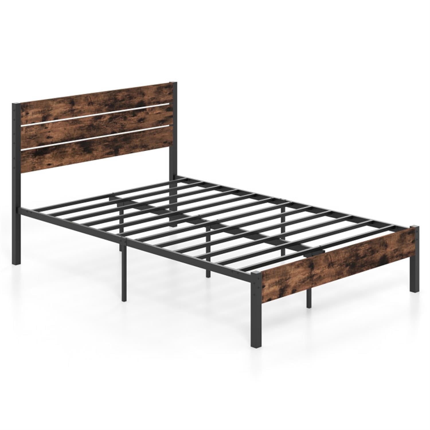 Demi Bonn Full Size Bed Frame with High Headboard and Mute Bar, Industrial Metal Platform Bed Frame with Under Bed Storage, No Box Spring Needed, Brown