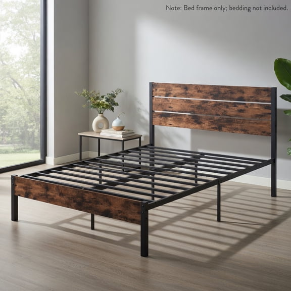 Demi Bonn Full Size Bed Frame with High Headboard and Mute Bar, Industrial Metal Platform Bed Frame with Under Bed Storage, No Box Spring Needed, Brown