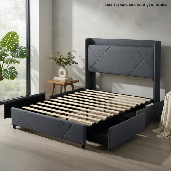 Demi Bonn Full Size Bed Frame with LED Lights and Charging Station, Platform Bed Frame with 4 Storage Drawers, Noise-Free/No Box Spring Needed, Gray