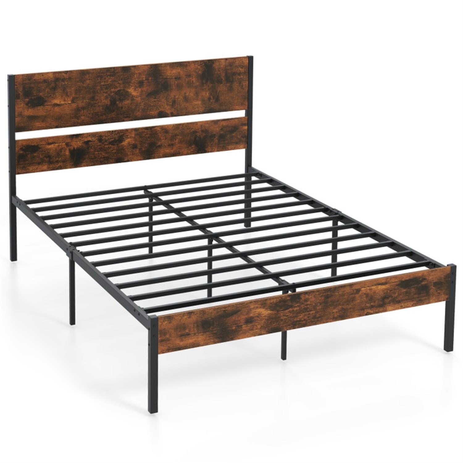 Demi Bonn Full Size Bed Frame with Wooden Headboard and Footboard, Modern Metal Platform Bed Frame with Under Bed Storage, No Box Spring Needed, Brown