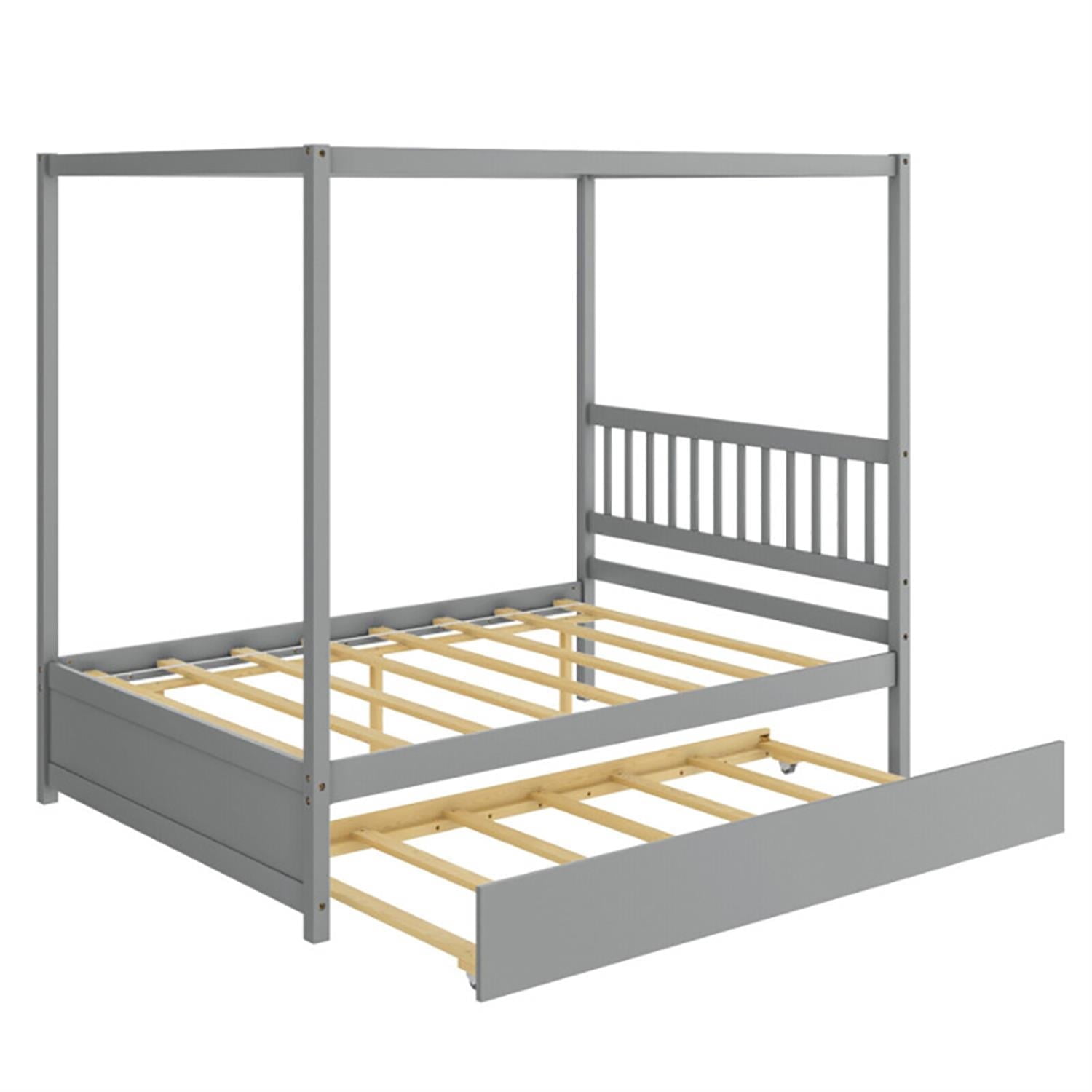 Demi Bonn Full Size Canopy Bed with Trundle Wooden Platform Bed Frame Headboard for Teens, Gray