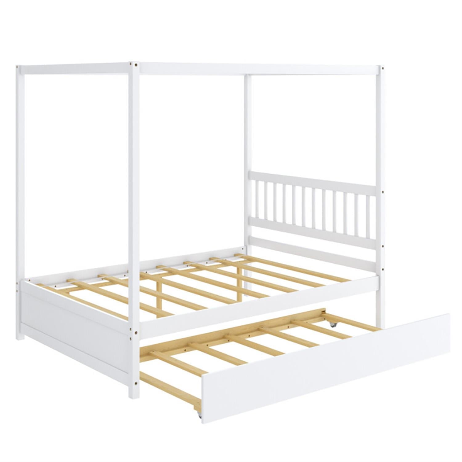 Demi Bonn Full Size Canopy Bed with Trundle Wooden Platform Bed Frame Headboard for Teens, White