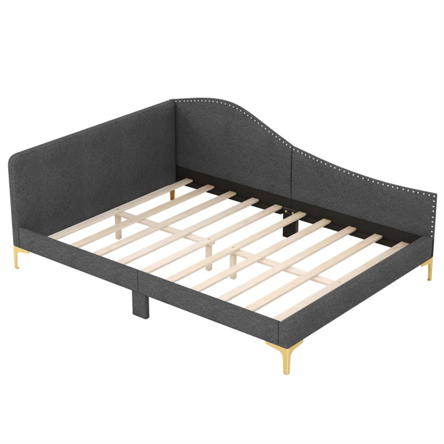 Demi Bonn Full Size Rivet-Tufted Daybed with Metal Legs and Wood Slats, Platform Bed Frame for Living Room, Bedroom and Guest Room, Gray