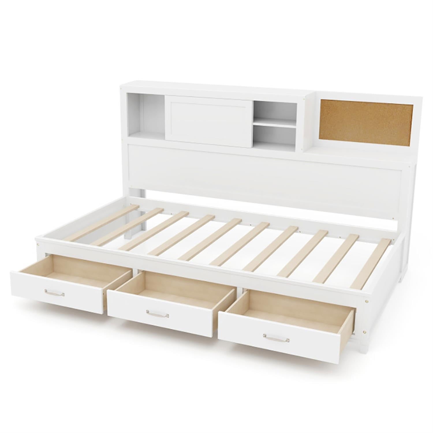 Demi Bonn Full Size Wooden Daybed with 3 Drawers with Storage Shelves, Modern Wooden Bed Frame for Teens, White