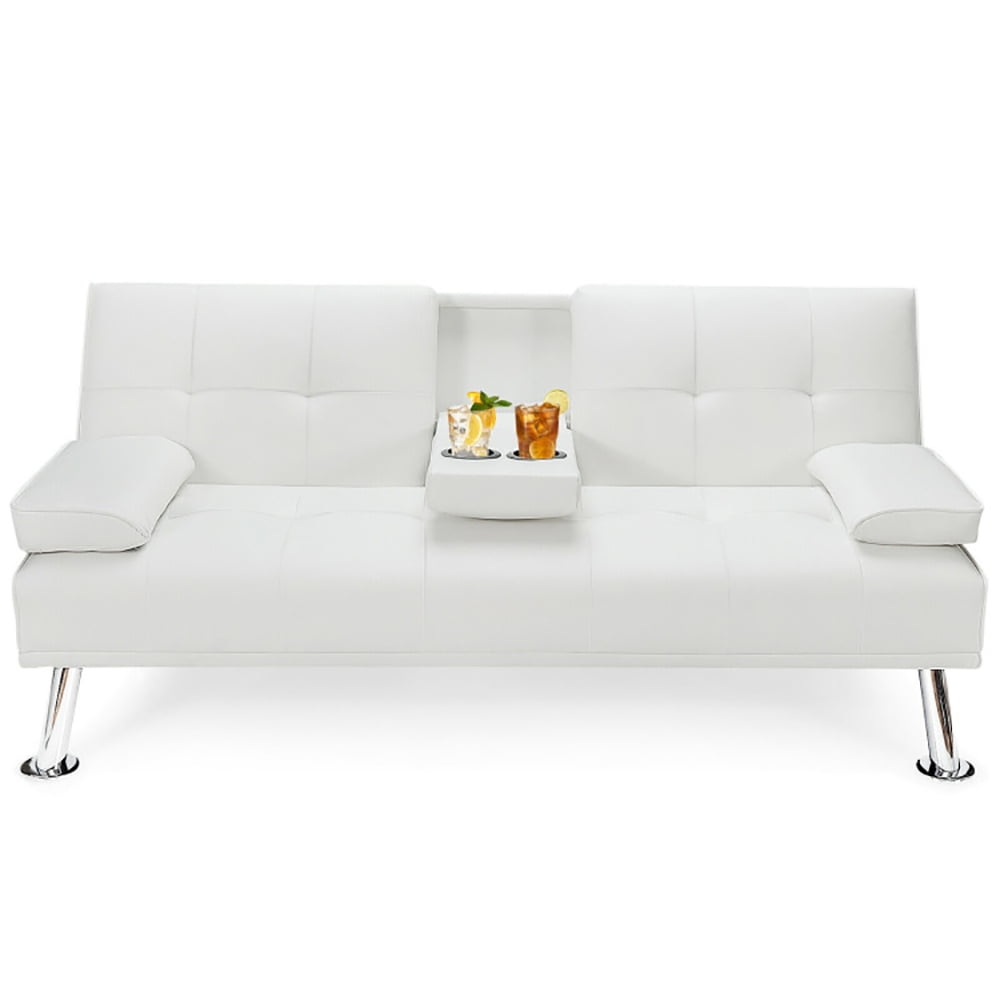 Finihen Futon Sofa Bed, Leather Couch, Convertible Folding Recliner, Convertible Folding Leather Futon Sofa with Cup Holders and Armrests, for Living Room, Bedroom, White Finihen Futon Sofa Bed, Leather Couch, Convertible Folding Recliner, Convertible Folding Leather Futon Sofa with Cup Holders and Armrests, for Living Room, Bedroom, White