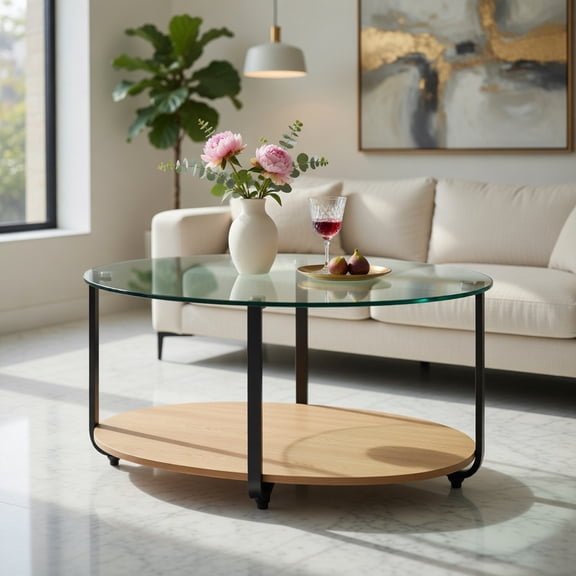 Demi Bonn Glass Coffee Table, Oval Coffee Table, 2-Tier Glass-Top Oval Coffee Table with Wooden Shelf, for Living Room, Reception Room, Brown