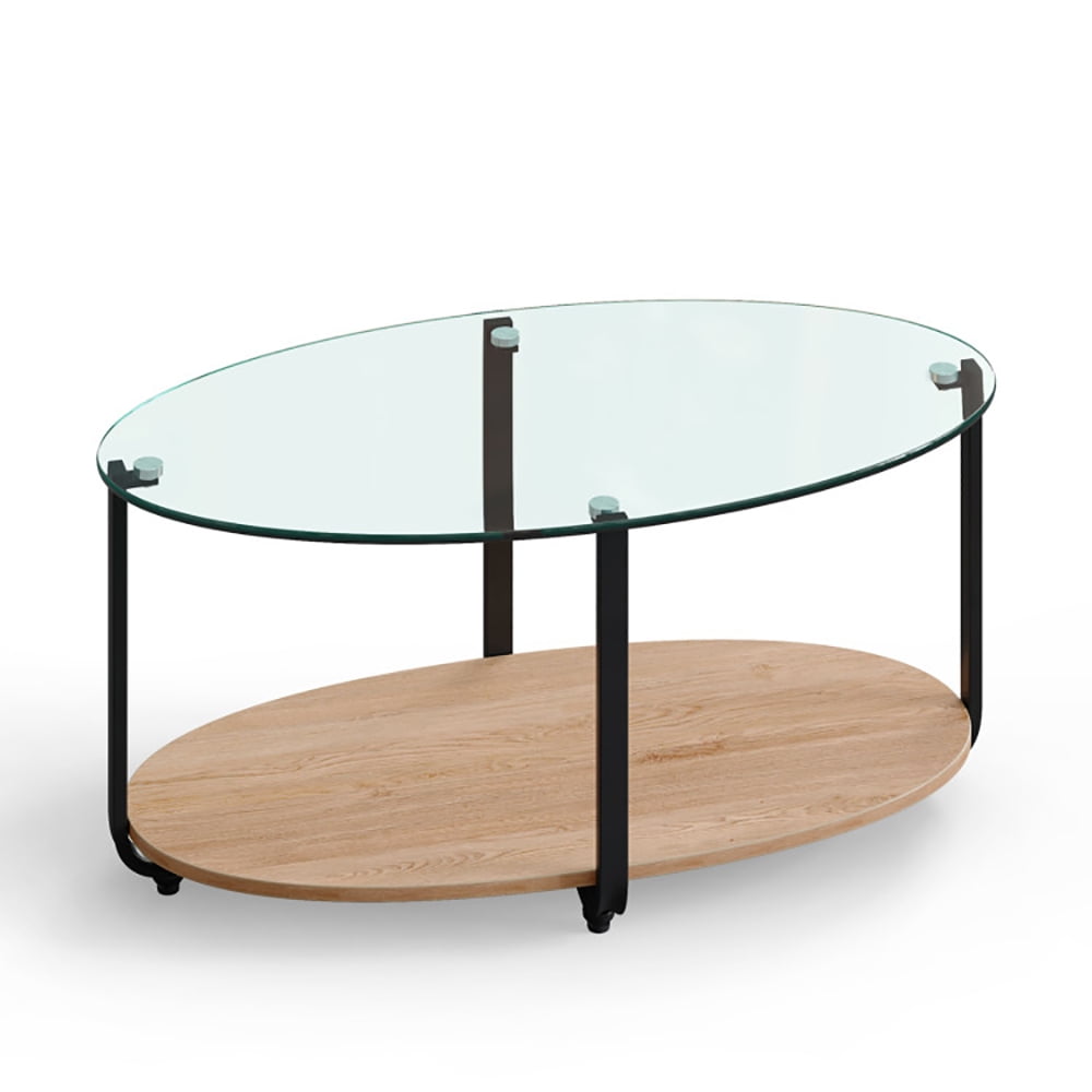 Finihen Glass Coffee Table, Oval Coffee Table, 2-Tier Glass-Top Oval Coffee Table with Wooden Shelf, for Living Room, Reception Room, Brown Finihen Glass Coffee Table, Oval Coffee Table, 2-Tier Glass-Top Oval Coffee Table with Wooden Shelf, for Living Room, Reception Room, Brown