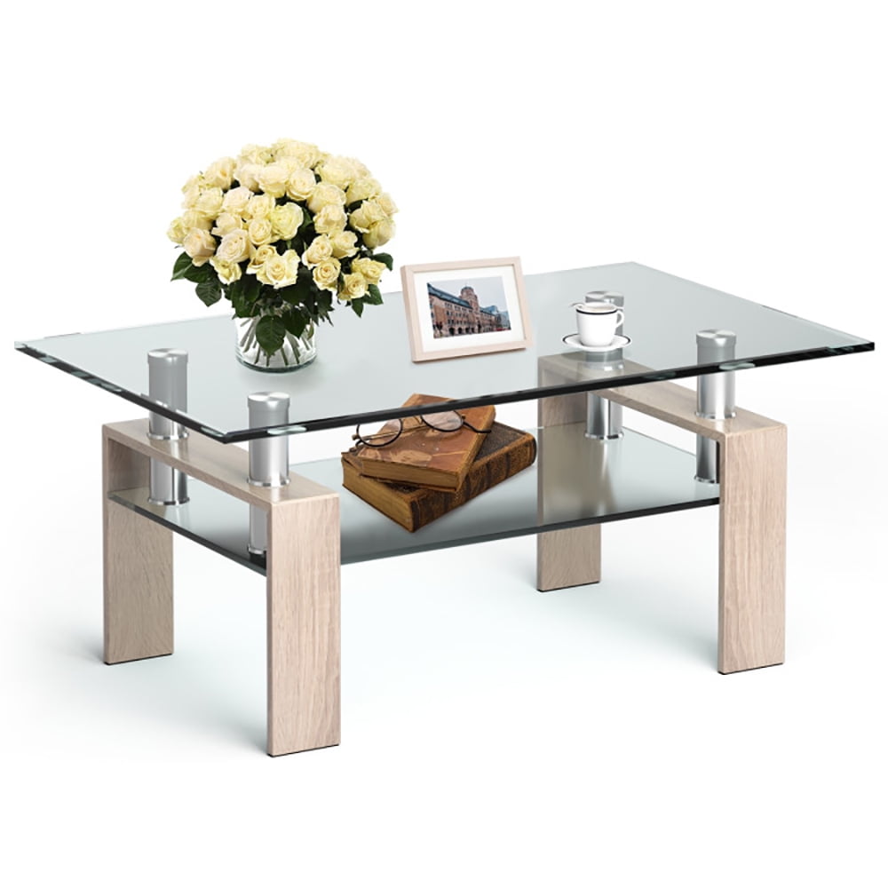 Finihen Glass Coffee Table, Rectangular Coffee Table, Rectangle Glass Coffee Table with Metal Legs, for Living Room, Reception Room, Natural Finihen Glass Coffee Table, Rectangular Coffee Table, Rectangle Glass Coffee Table with Metal Legs, for Living Room, Reception Room, Natural