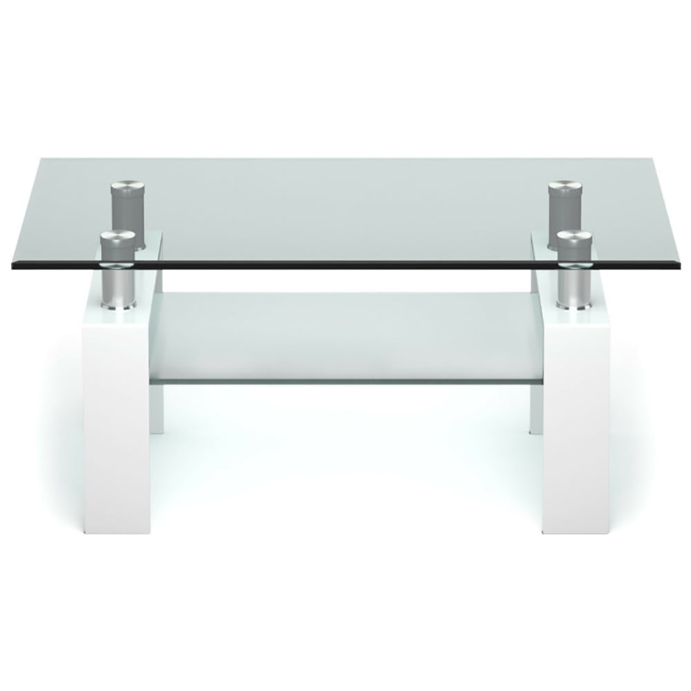 Finihen Glass Coffee Table, Rectangular Coffee Table, Rectangle Glass Coffee Table with Metal Legs, for Living Room, Reception Room, White Finihen Glass Coffee Table, Rectangular Coffee Table, Rectangle Glass Coffee Table with Metal Legs, for Living Room, Reception Room, White
